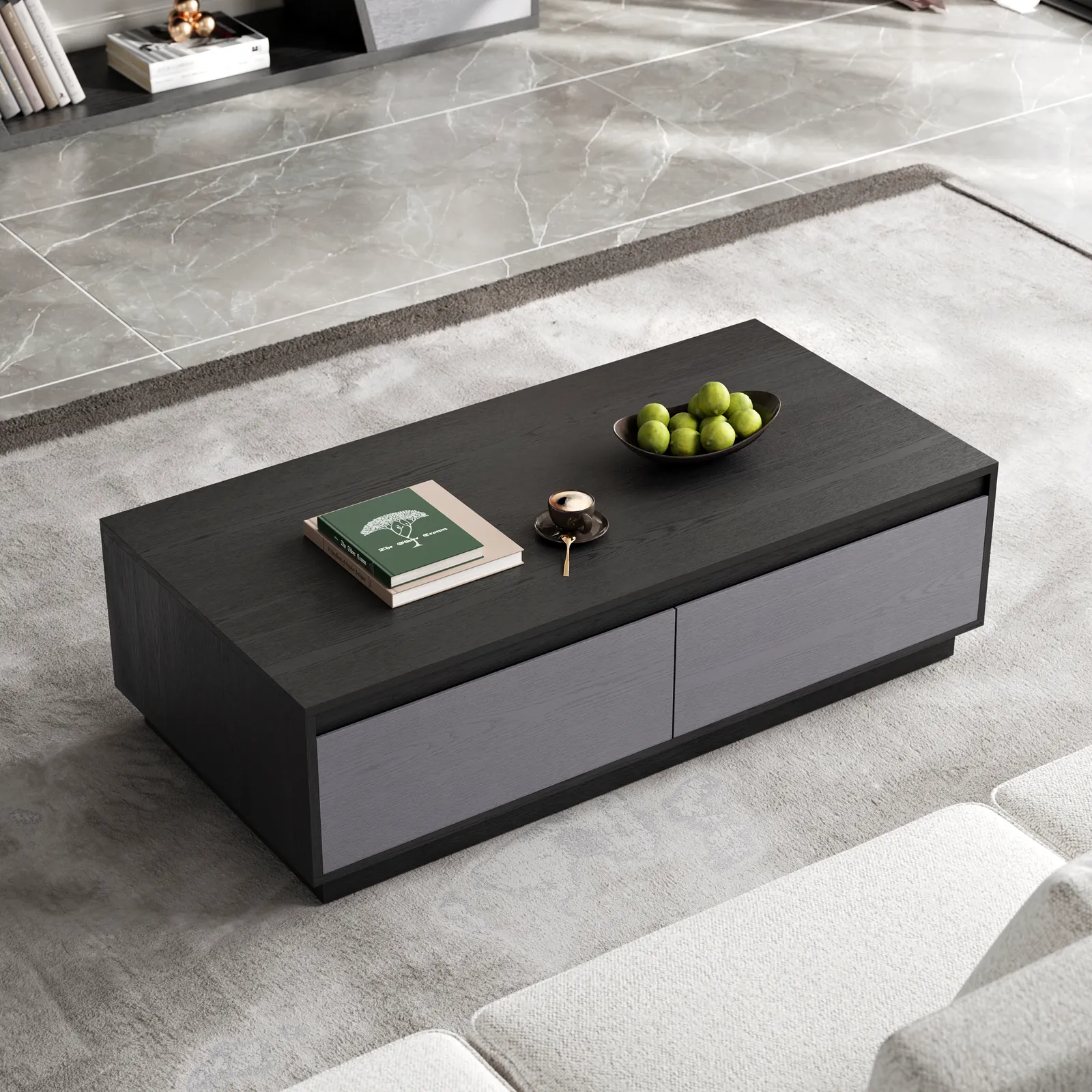 1200mm Mid Century Modern GreyCoffee Table Rectangular Block Living Room Table with Storage