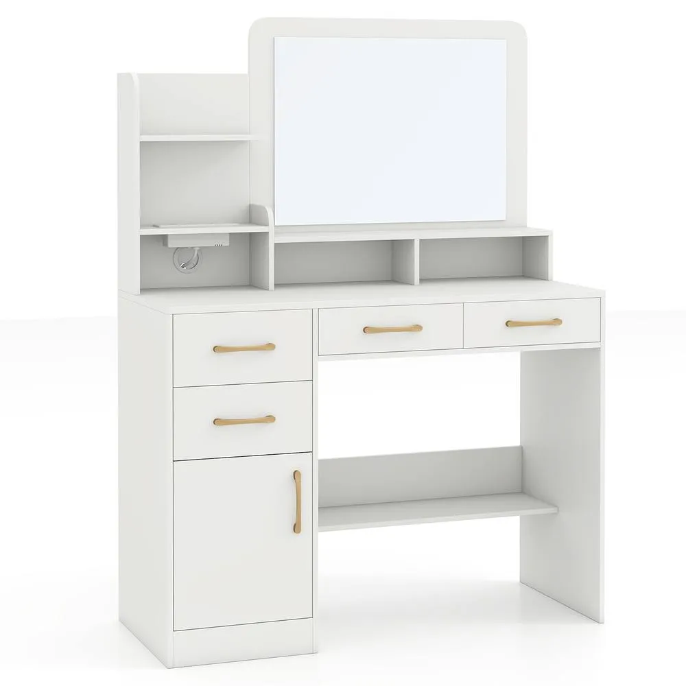 Costway Modern Dressing Desk Makeup Table Vanity Table w/ Cabinet & Mirror in White