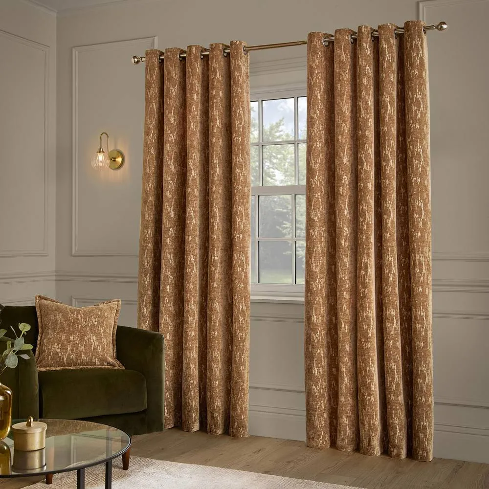 Paoletti Aurelio Chenille Fully Lined Eyelet Curtain Pair in Tan 4