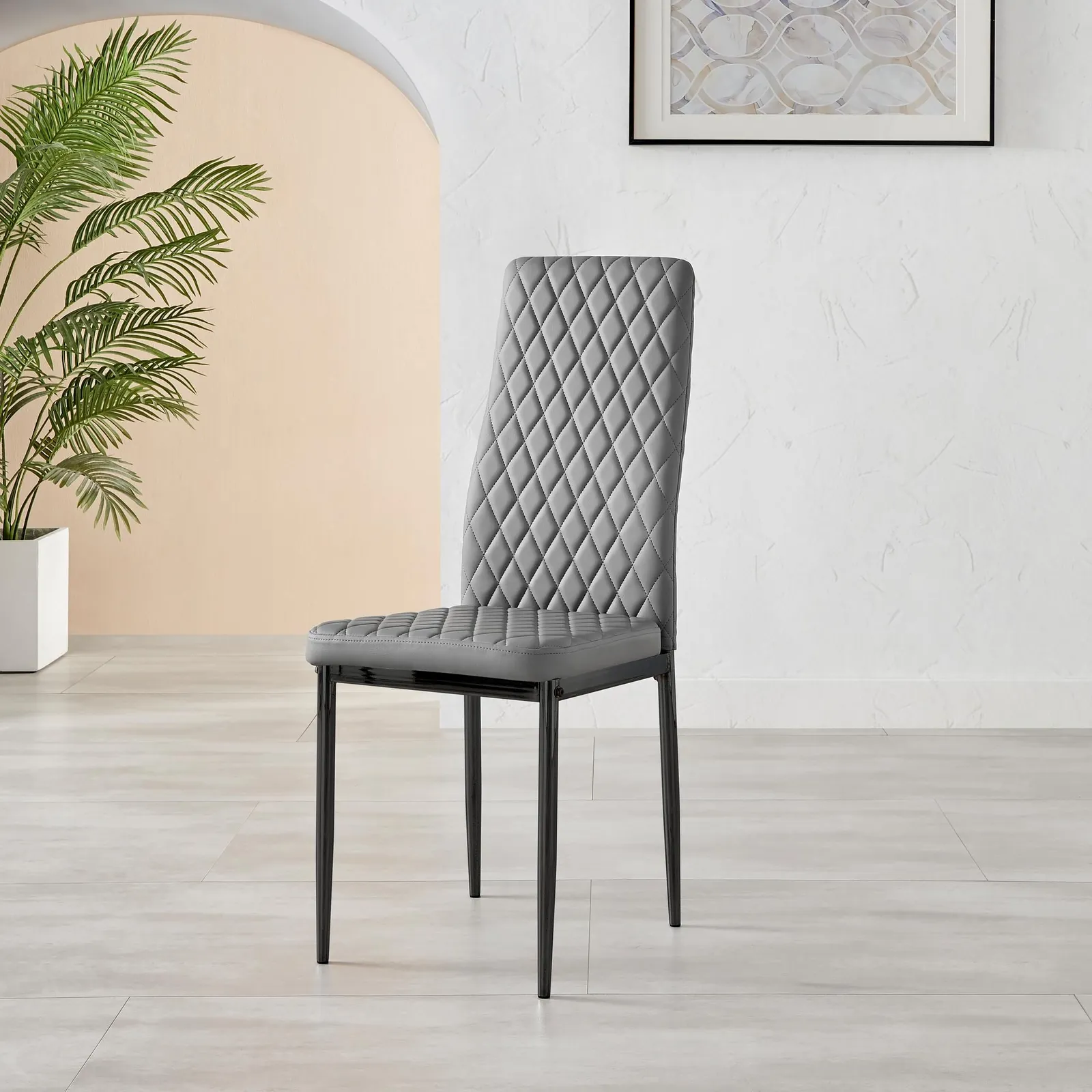 FurnitureboxUK Set of 6 Milan High Back Soft Touch Diamond Pattern Faux Leather Dining Chairs With Black Powder Coated Metal Legs in Grey 4