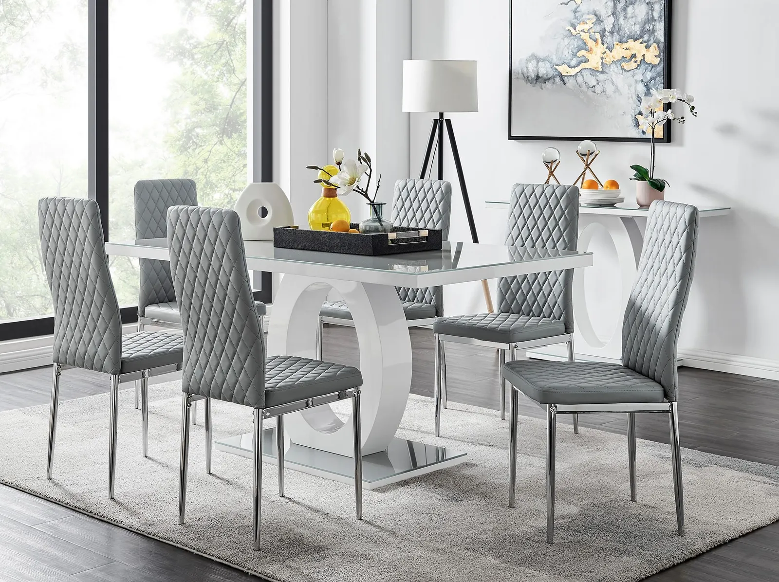 FurnitureboxUK Giovani 6-Seater Grey Glass Dining Table & 6 Milan Faux Leather Dining Chairs 1