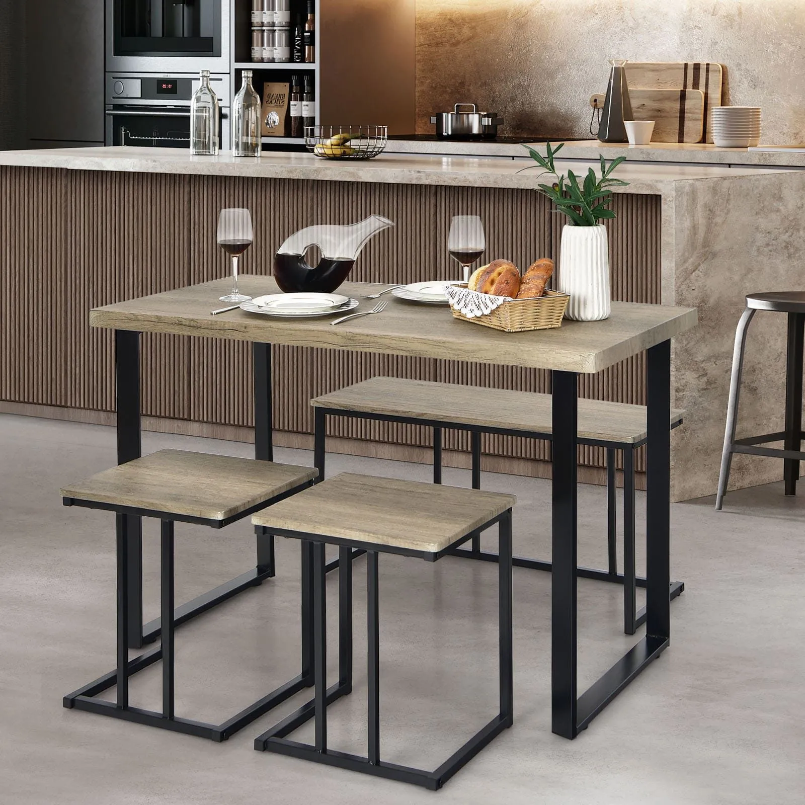 Costway 4PCS Industrial Dining Table & Chair Set Kitchen Furniture Table Bench 2 Stools in Grey 3