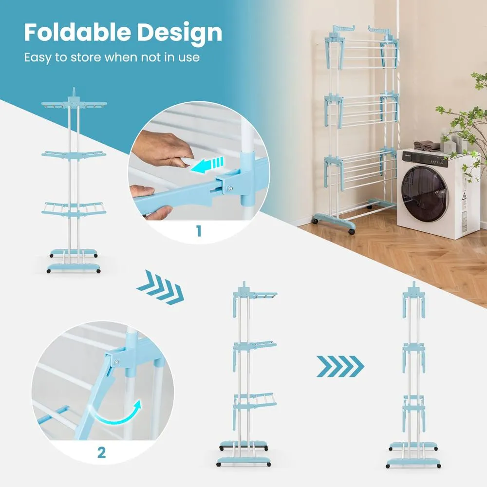 Costway Foldable Clothes Drying Rack Oversized 4-Tier Collapsible Laundry Rack in Blue 5