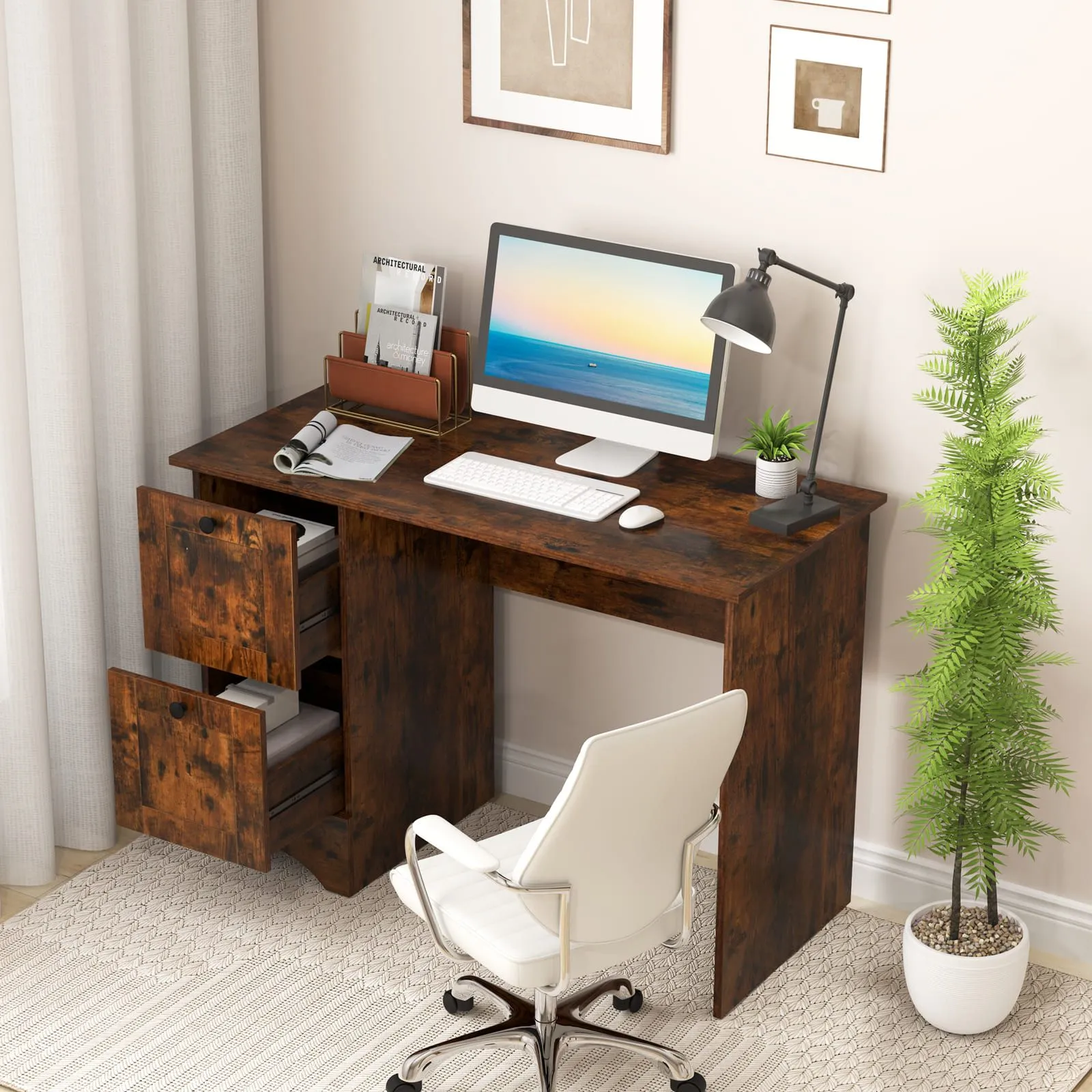 Costway Computer Desk Home Office Writing Study Desk with 2 Drawers-Brown in Brown 5