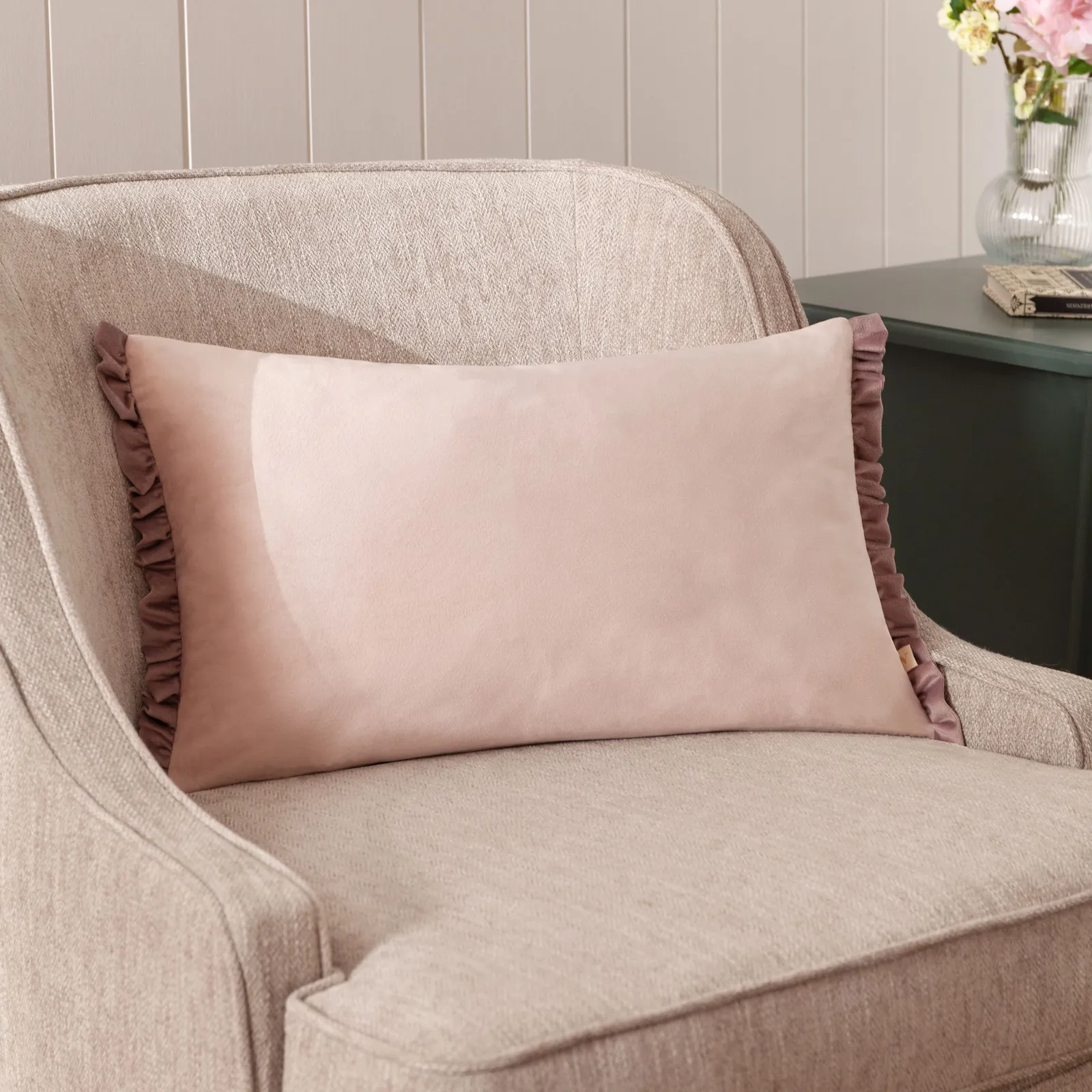 Wylder Tilly Velvet Frill Reversible Cushion in Pale Pink 1