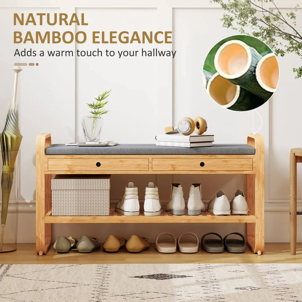 HOMCOM Shoe Bench with 2 Drawers Cushioned Seat 105 cm in Natural 4