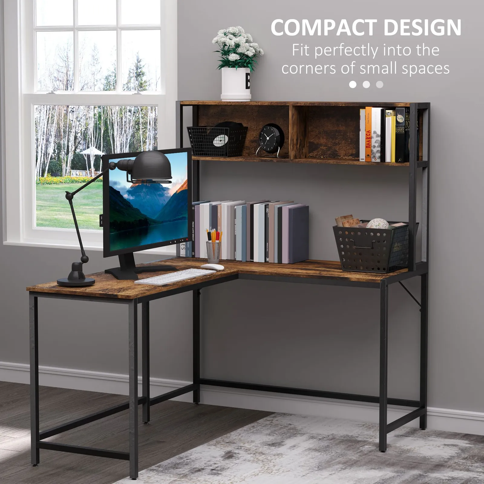 HOMCOM Industrial L-Shaped Work Desk & Storage Shelf Steel Frame in Brown 4
