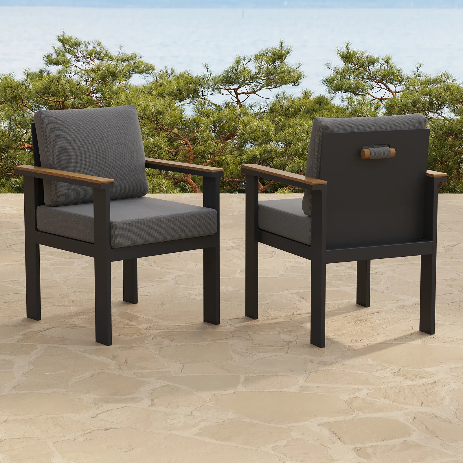 8-Piece Acacia & Aluminium Outdoor Dining Chair Modern Yard & Patio Furniture in Grey Cushion & Pillow Included