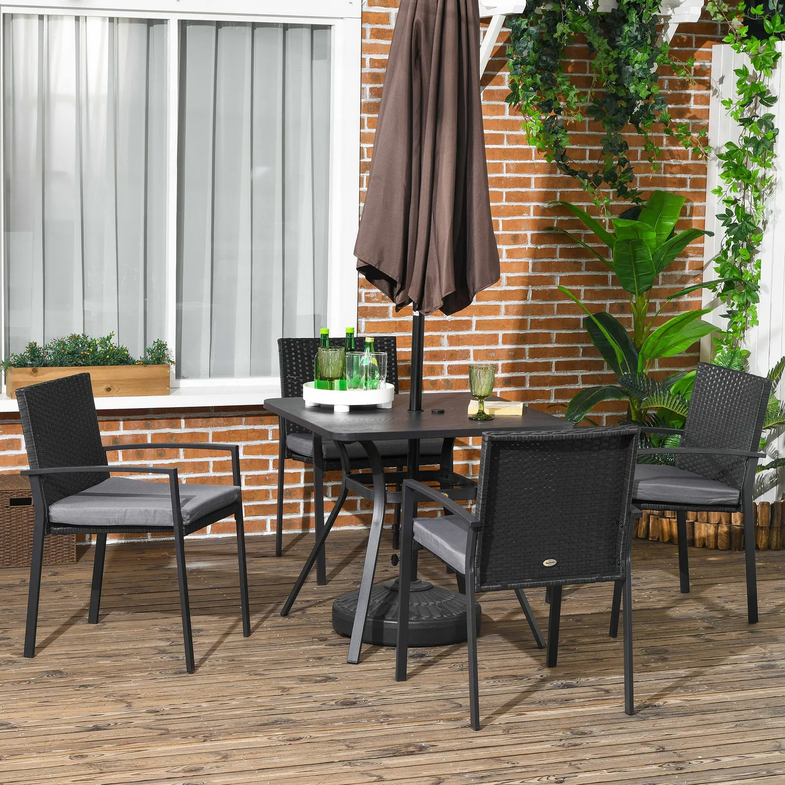 OUTSUNNY 4 Seater Rattan Garden Furniture Set, 5 Pieces Outdoor Dining Set with Cushions in Black