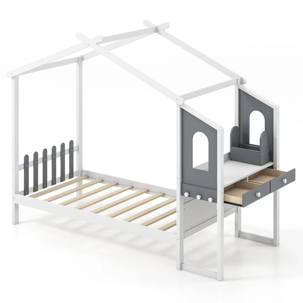 Costway Single House Bed Wood Montessori Bed Frame Playhouse Bed w/Desk in White