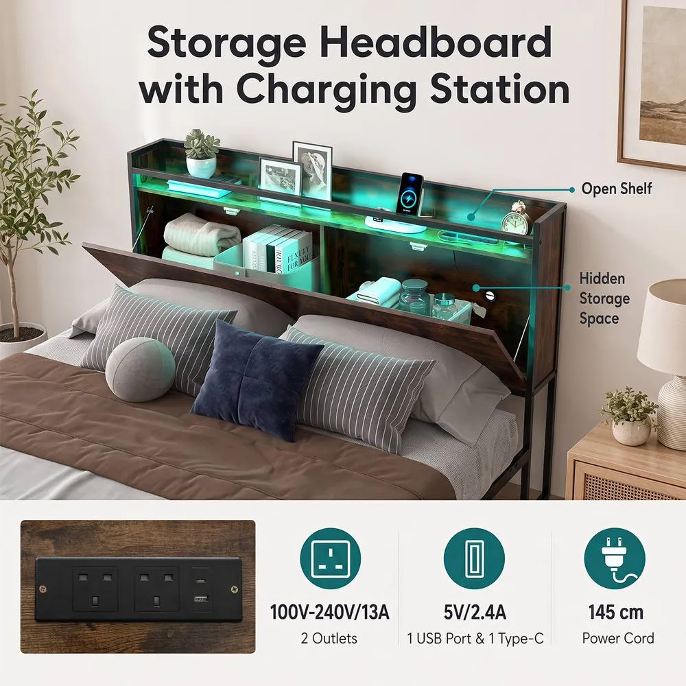 Costway King Size Bed Frame with LED Lights & Charging Station in Black 6