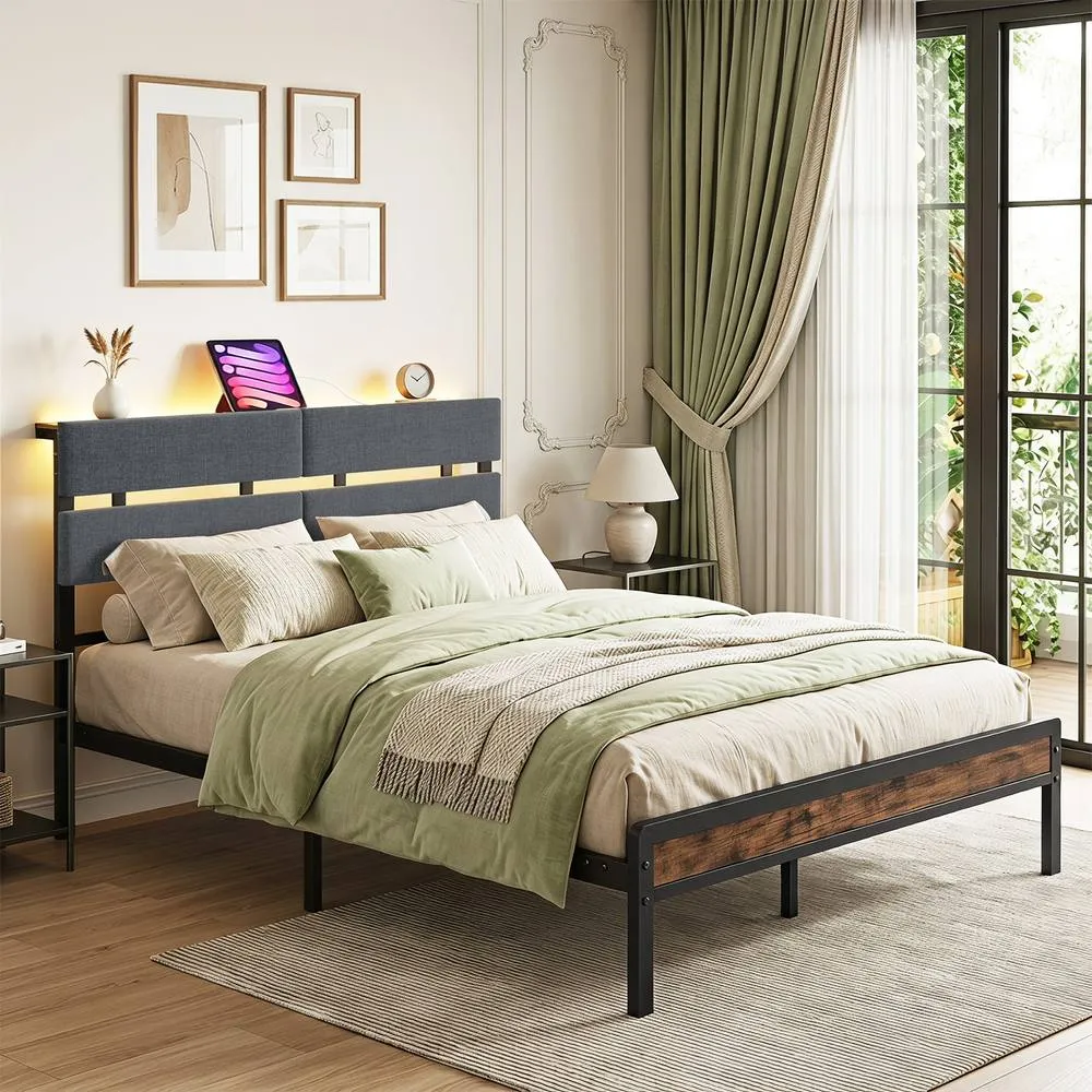 Costway Upholstered Metal Platform Bed Heavy-Duty Slats Support Shelf in Black 4