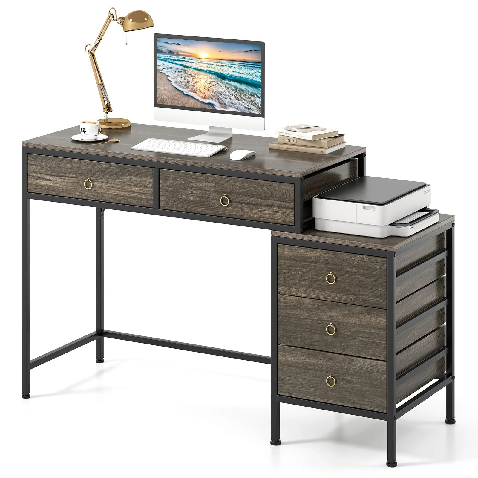 Costway Computer Desk Home Office Desk w/ Side File Cabinet & 5 Drawers in Grey 1