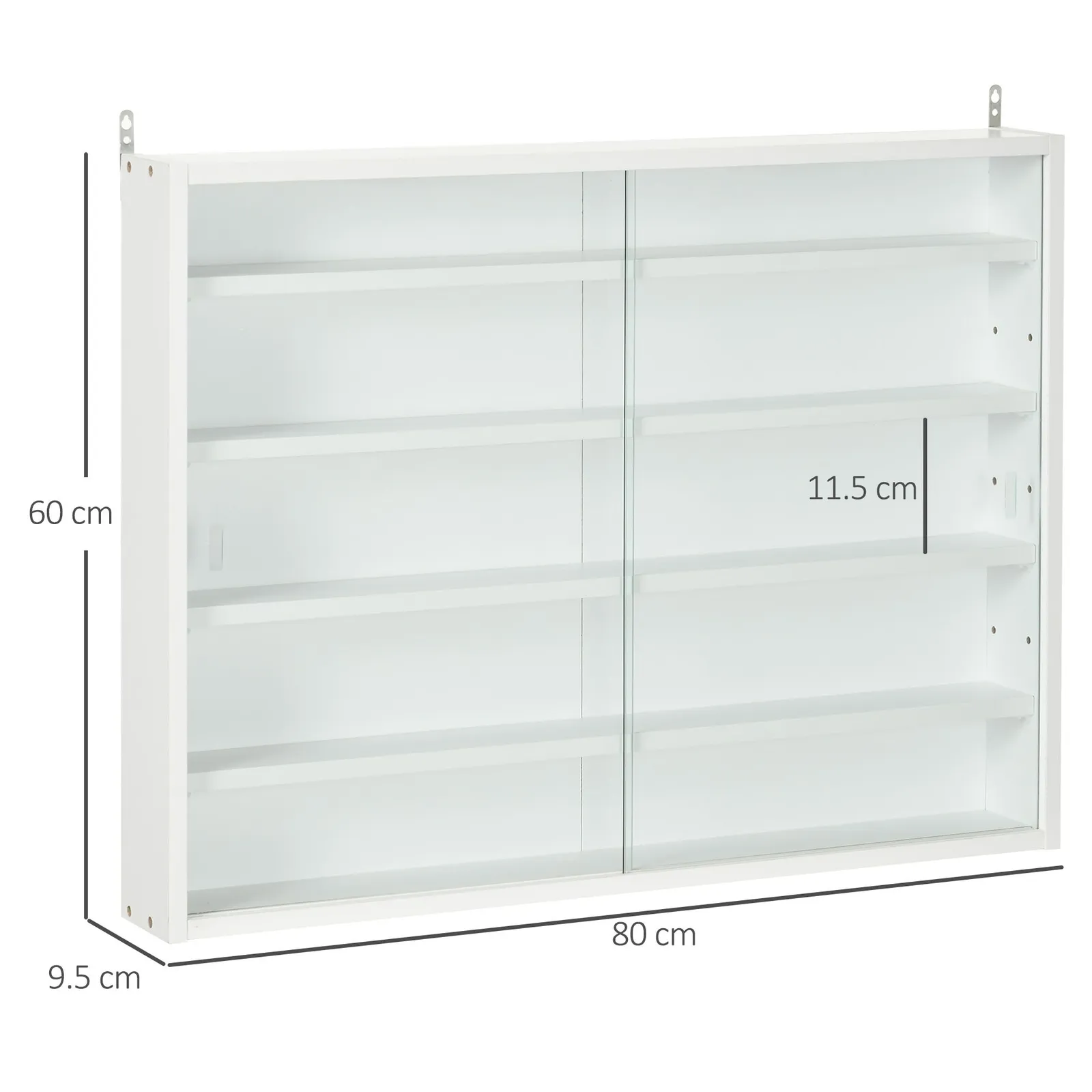 HOMCOM 5-Tier Wall Mounted Cabinet Display Shelf Unit w/ Adjustable Shelves Glass Doors in White 3