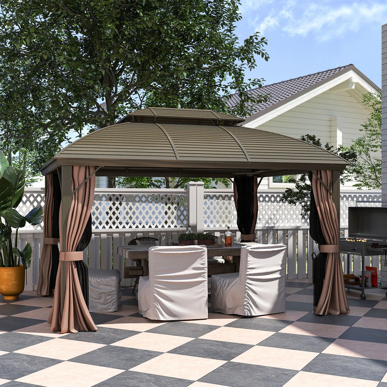 OUTSUNNY 3.65 x 3(m) Aluminium Outdoor Gazebo w/ Hardtop Double Roof, Coffee in Brown
