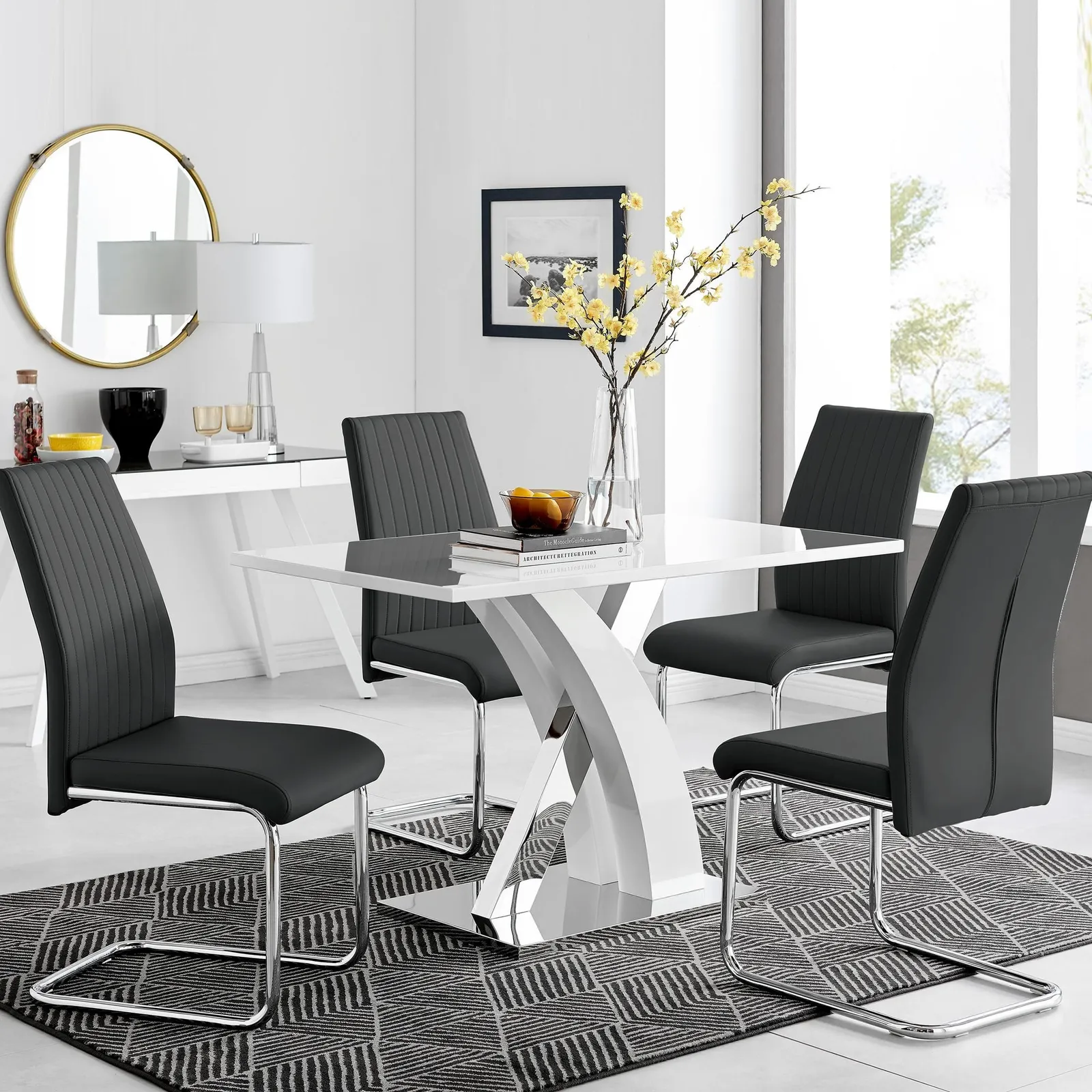 FurnitureboxUK Atlanta White High Gloss & Chrome 4 Seater Dining Table with X Shaped Legs & 4 Faux Leather Lorenzo Chairs in Black 1