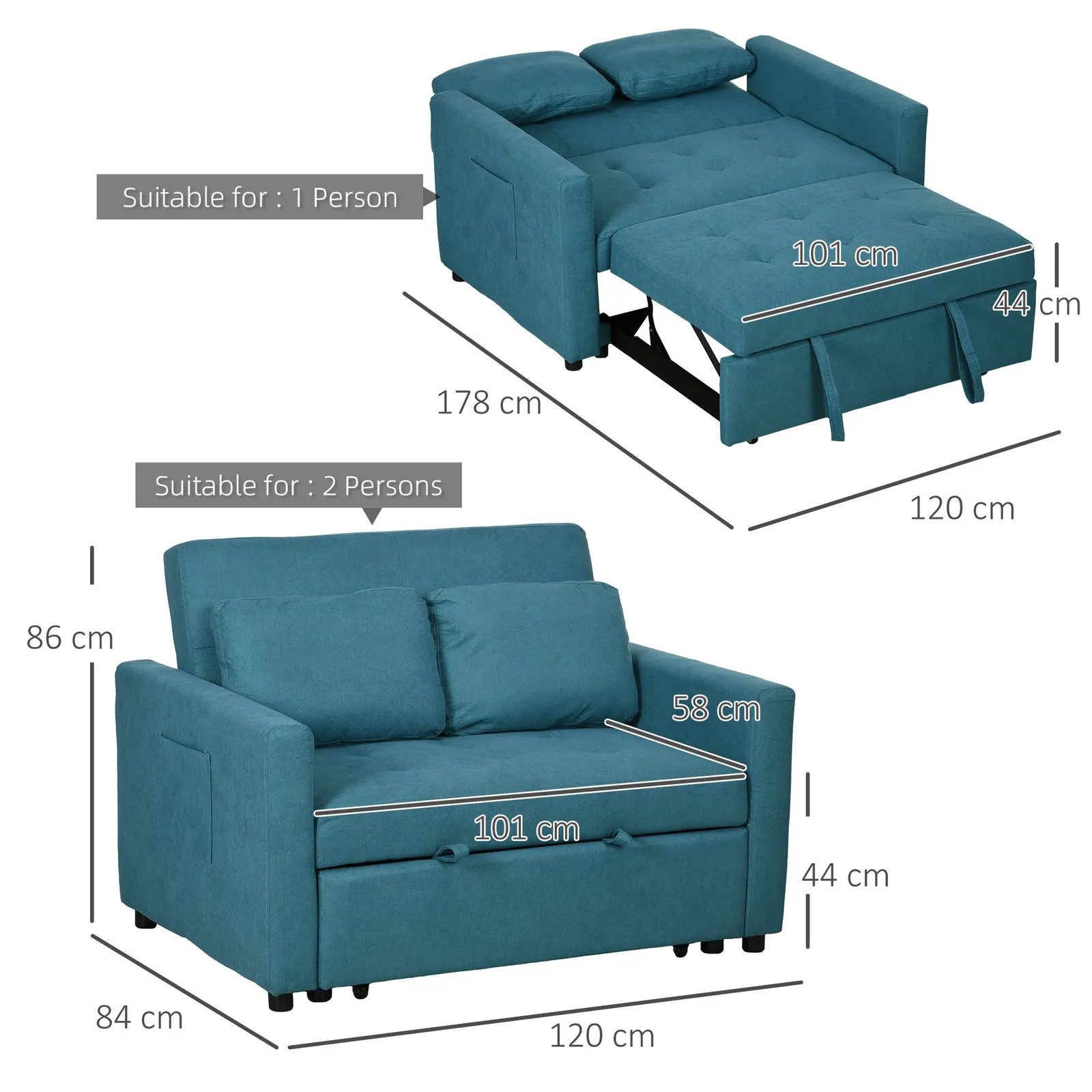 HOMCOM 2 Seater Sofa Bed Convertible Bed Settee with Cushions, Pockets in Blue 3