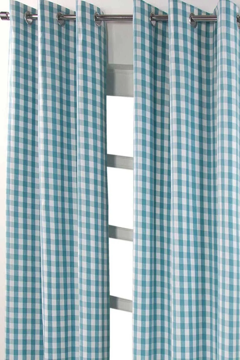 Homescapes Cotton Block Check Gingham Eyelet Curtain Pair in Blue 2