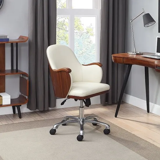 Terrence Faux Leather Office Chair In Cream And Walnut Finish