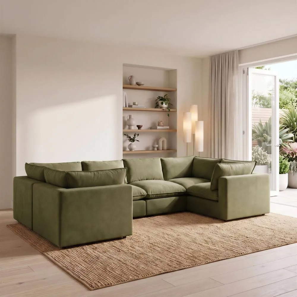 FurnitureboxUK Echo Linen-Look Fabric 5 Seater U-Shaped Modular Corner Sofa in Green