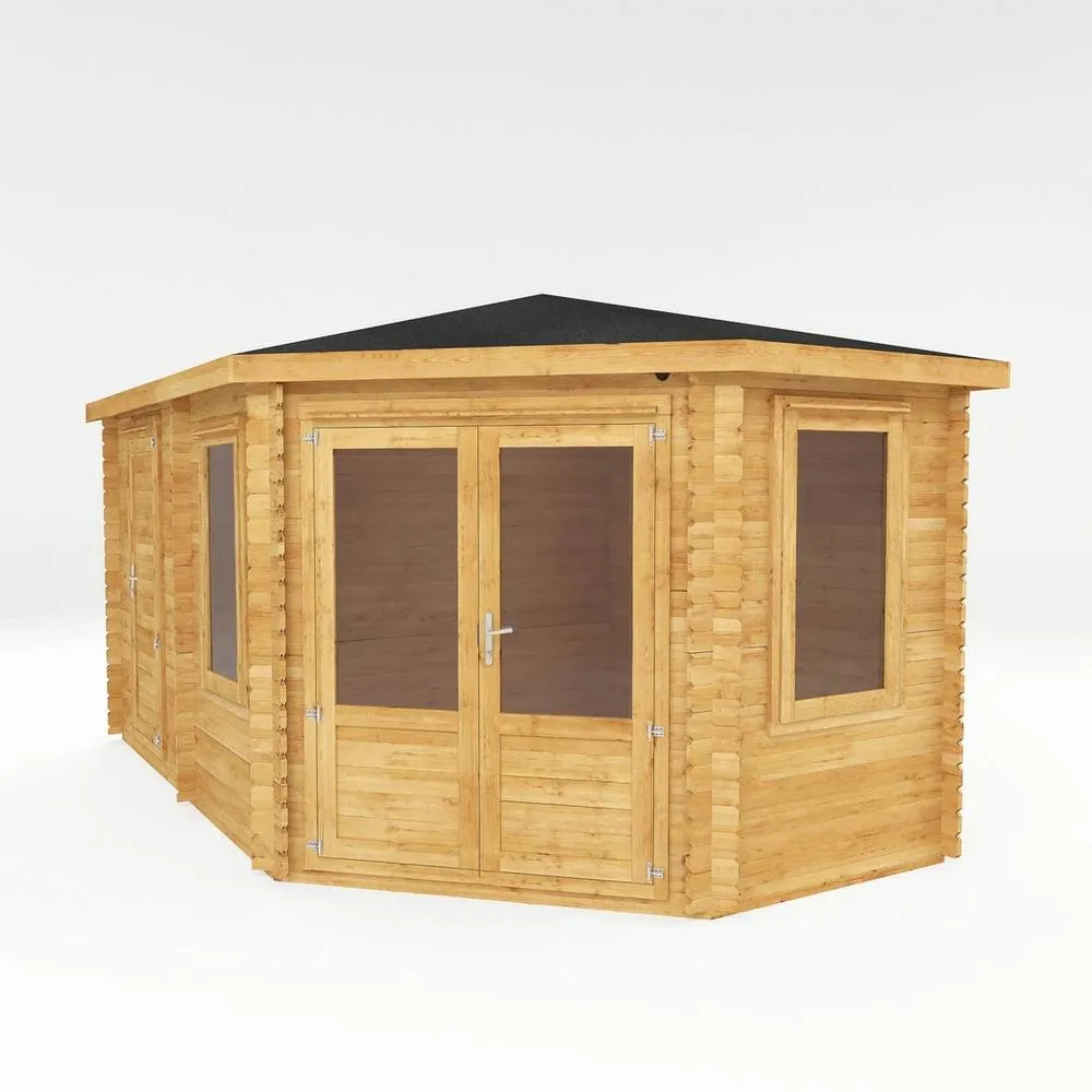 Mercia 5 x 3 m Corner Lodge Plus 28 mm Log Cabin with Side Shed in Brown