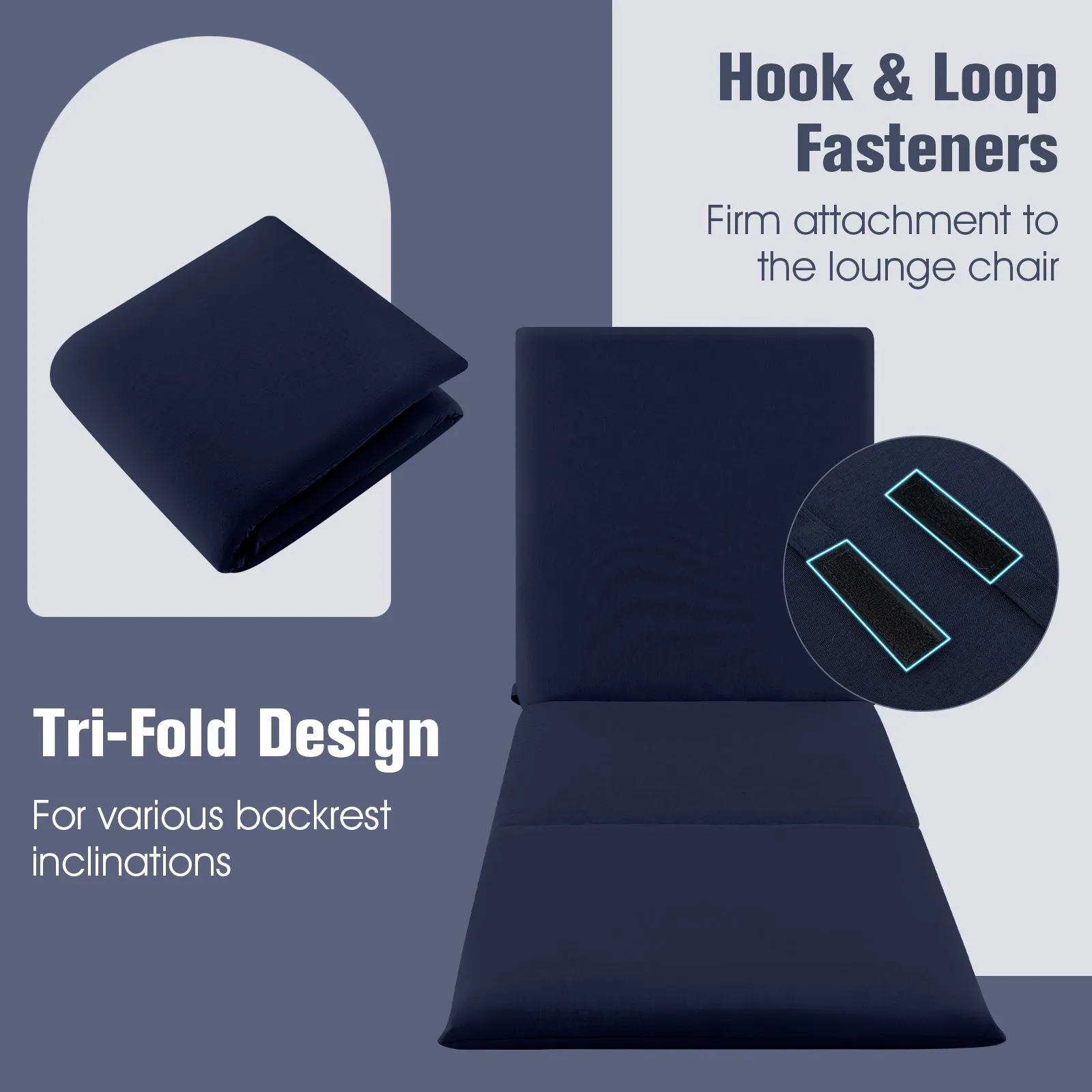 Costway 2 PCS Chaise Lounge Cushion Tri-Fold Lounger Pad 182 x 59 cm in Blue 4