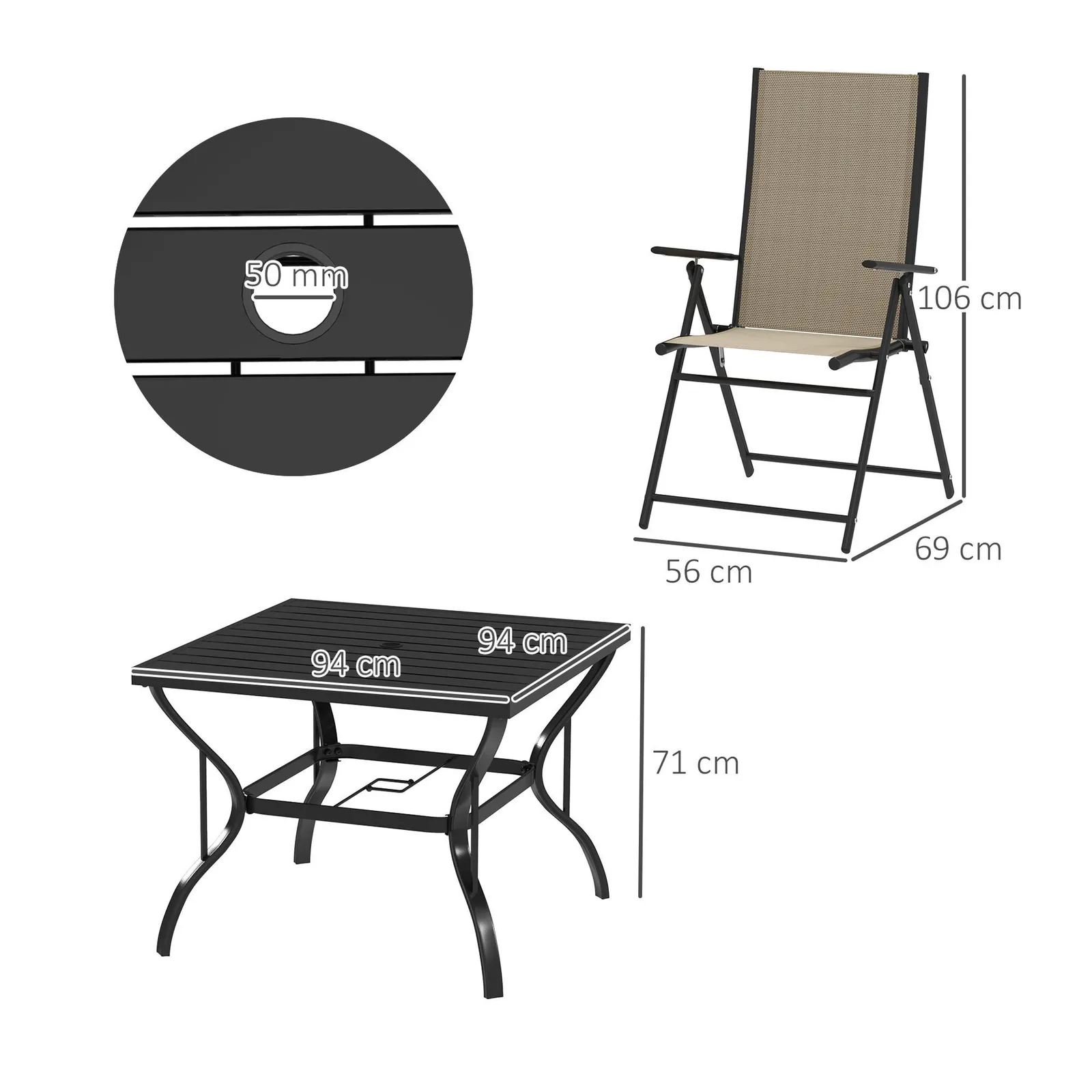 OUTSUNNY 5 PCs Garden Dining Set, Folding Chairs & Metal Top Table, Khaki 3