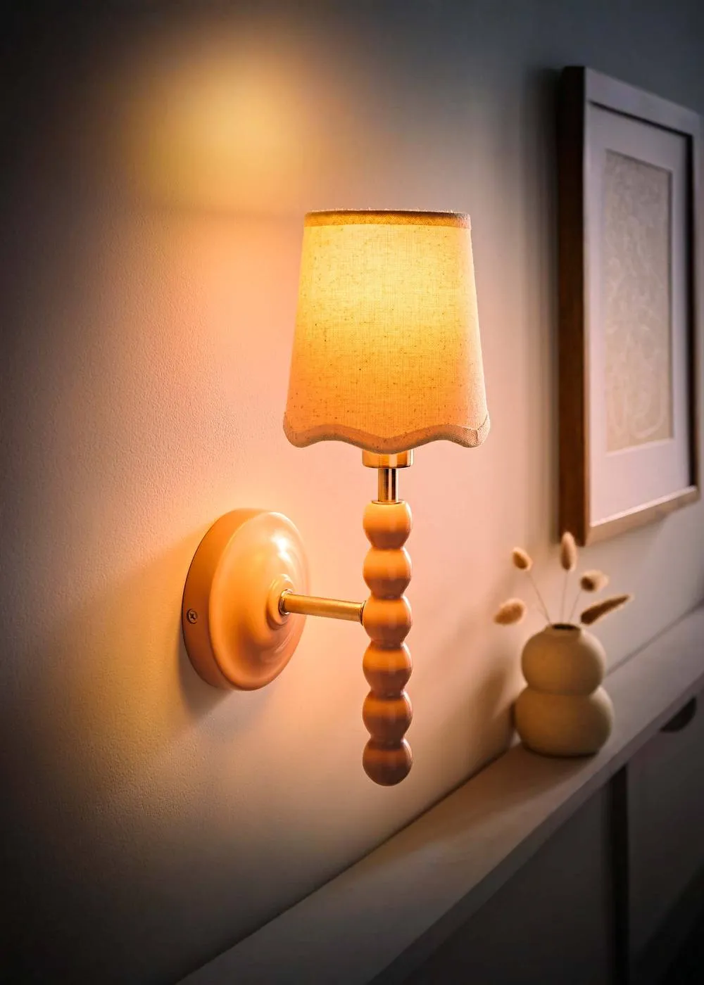 ValueLights Bobbins Pastel Bobble Wall Light & Natural Linen Trim Lamp Shade in Pale Pink 2