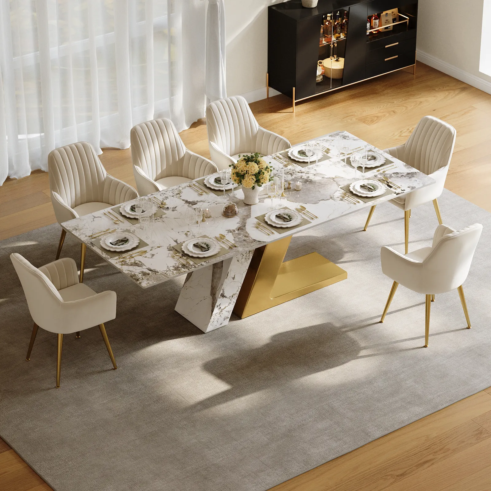 220 cm Rectangle Dining Table Faux Marble Top for 10 Stainless Steel Modern