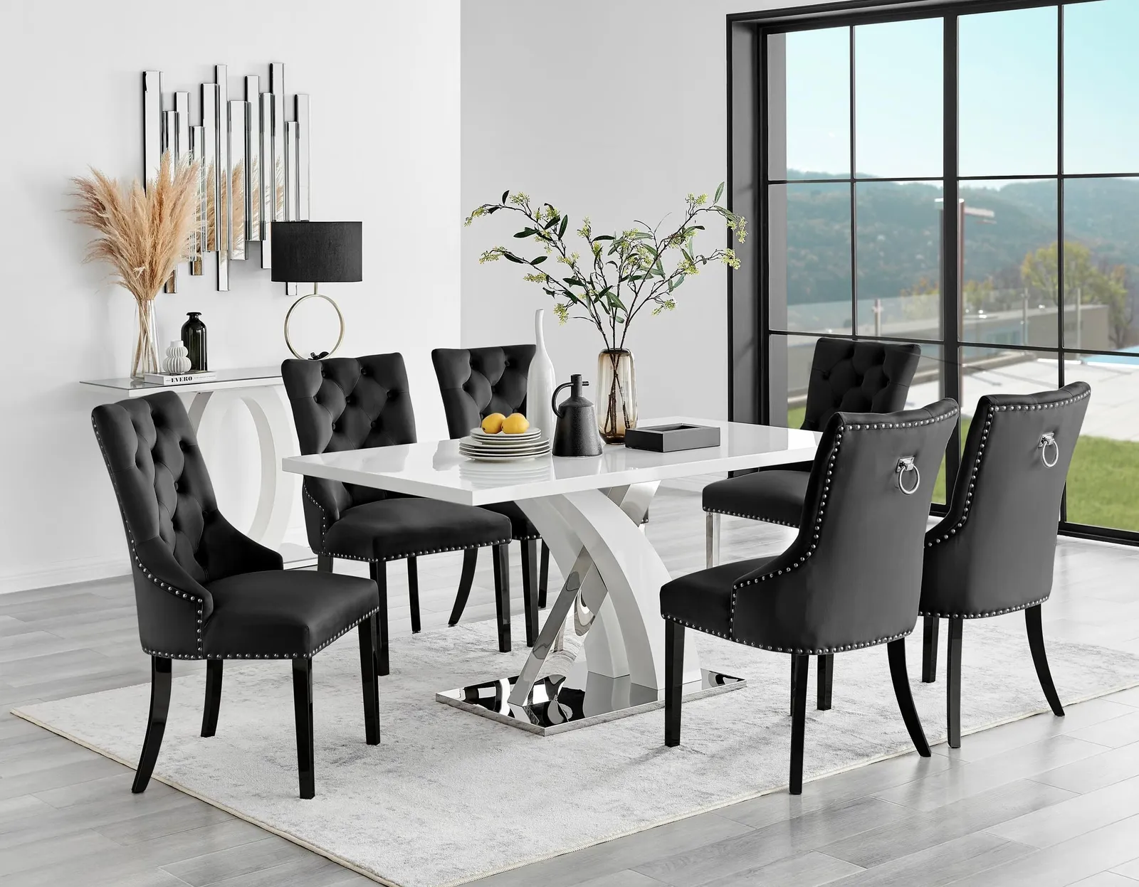 FurnitureboxUK Atlanta 6 White Dining Table & 6 Belgravia Black Leg Chairs 1