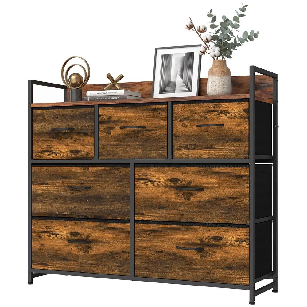 HOMCOM 7 Drawer Chest of Drawers with Top Shelf & Steel Frame Rustic Brown