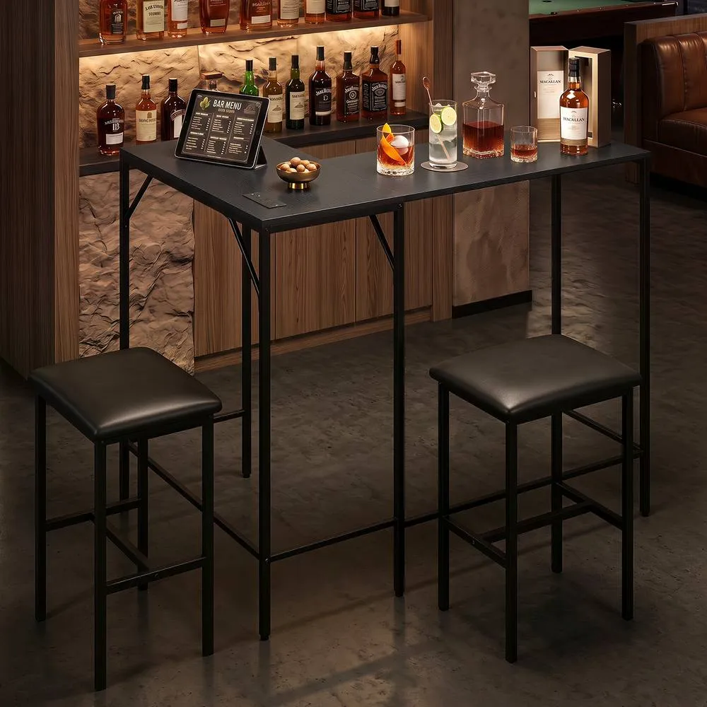 Costway 3-Piece Bar Table & Chair Set L-Shaped Table 2 AC Outlets in Black 5