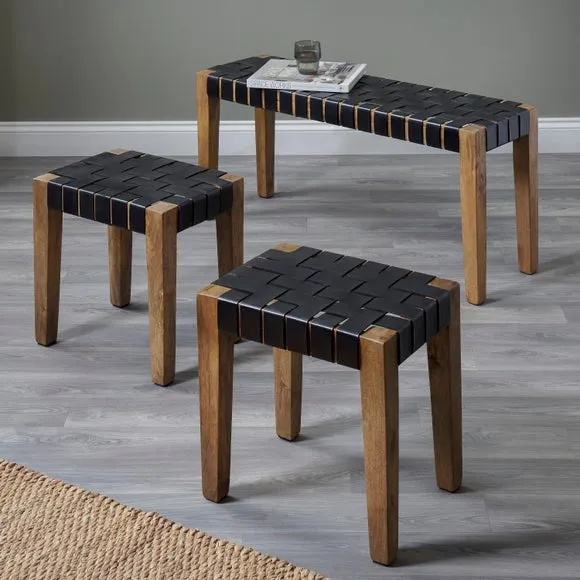 Pacific 2 Seater Claudio Leather Bench and Stools Set, Mango Wood
