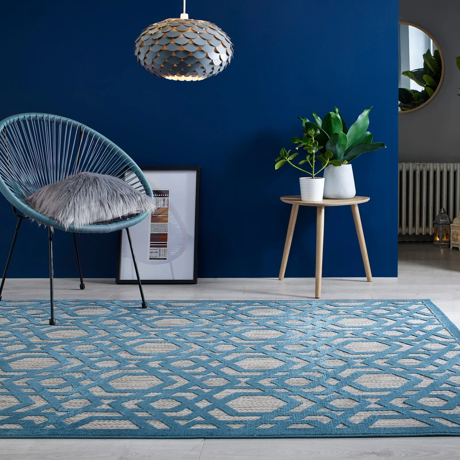 Oro Geometric Indoor Outdoor Rug Beige and Blue