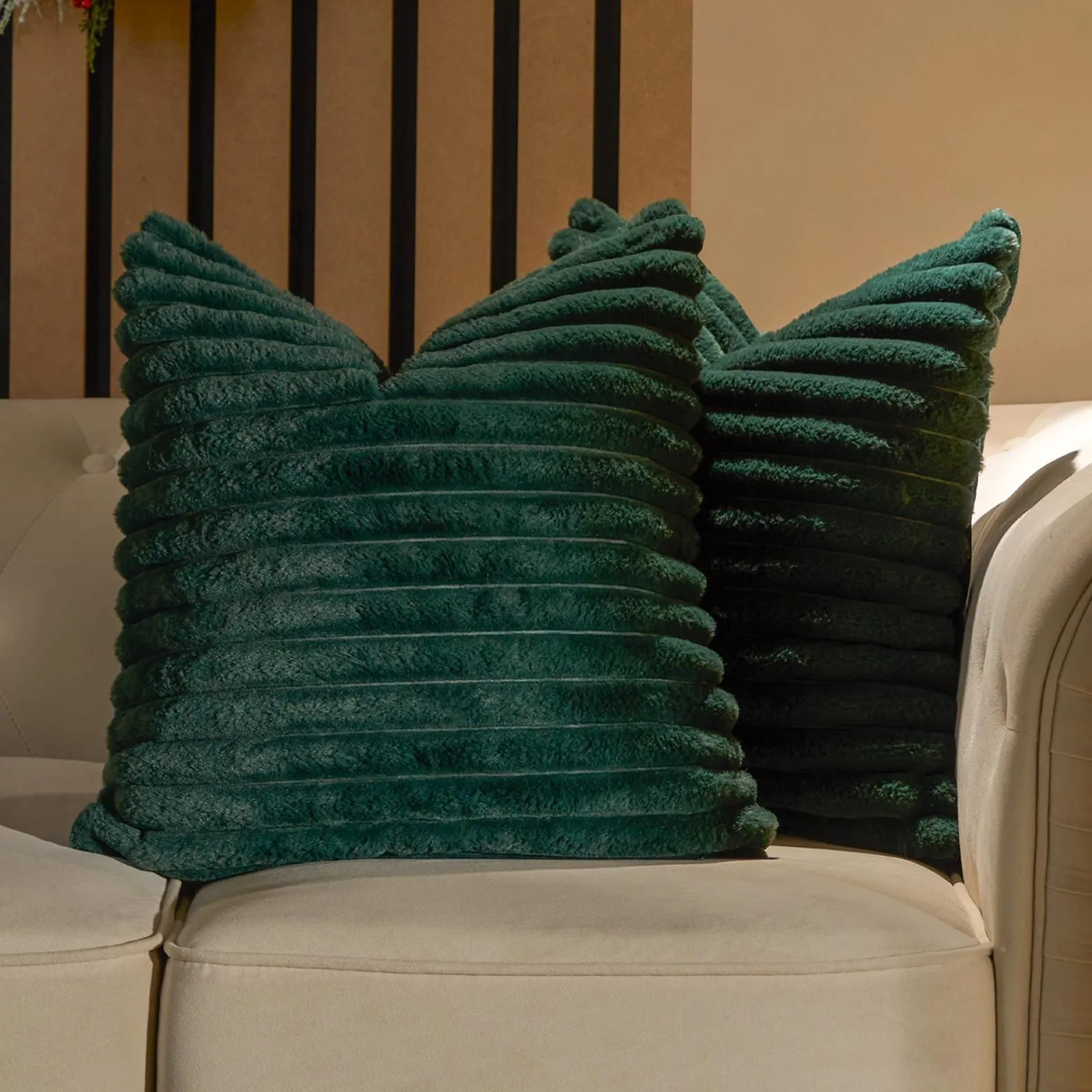 OHS 2 x Faux Fur Thick Rib Cushion Covers in Dark Green