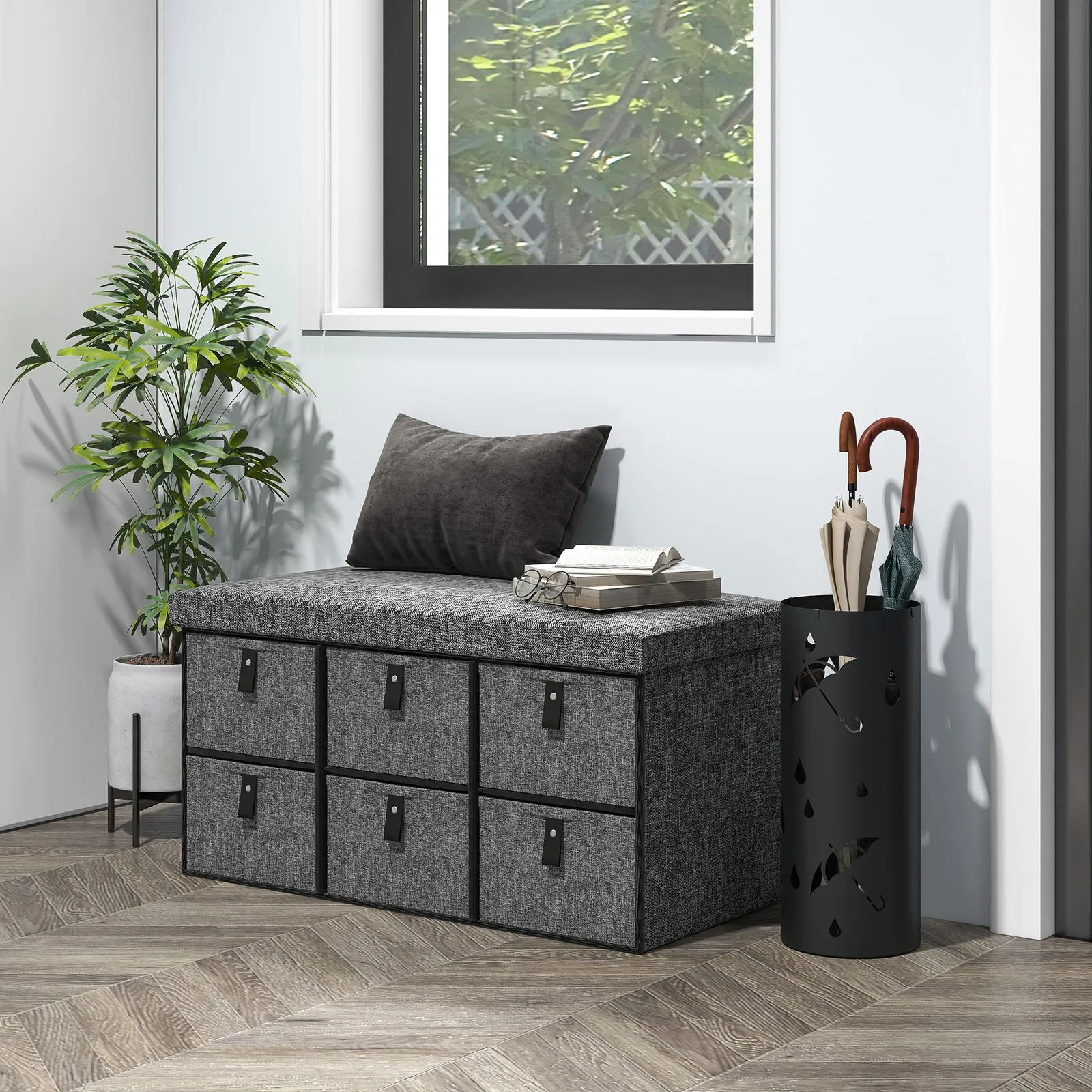 HOMCOM Shoe Bench with Cushioned Seat, 6 Fabric Drawers for Entryway Hallway in Dark Grey