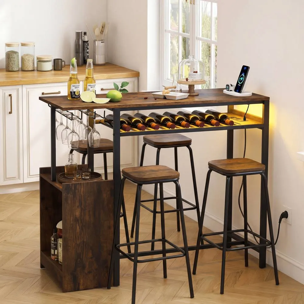 Costway Rectangular Bar Table 8-Bottle Wine Rack & Stemware Racks in Brown 4