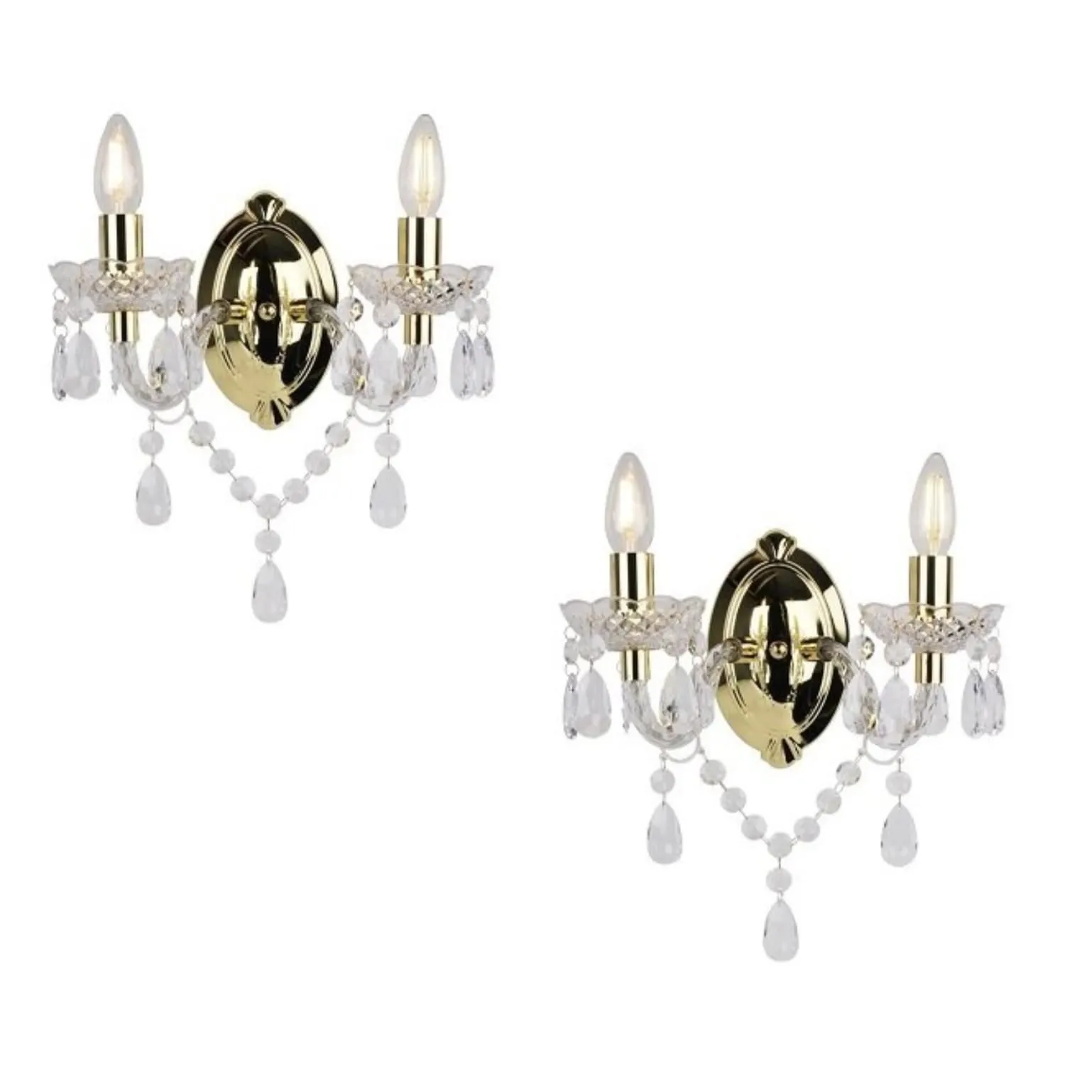 First Choice Lighting Set of 2 Clear & Gold Marie Therese Style 2 x 40W Wall Light