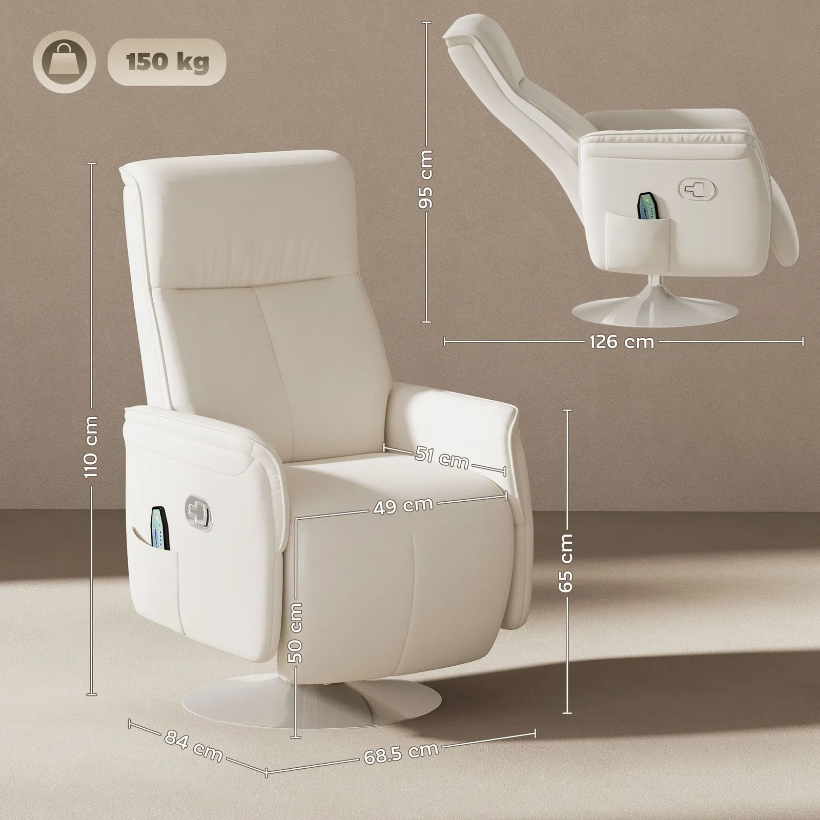 HOMCOM Massage Reclining Chair with Adjustable Backrest, Cream White 3