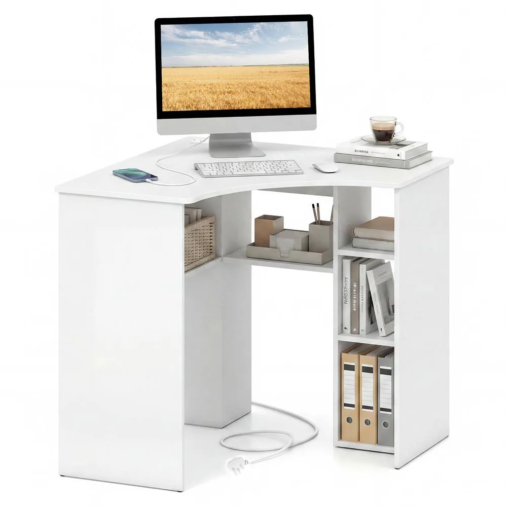 Costway Triangle Corner Computer Desk with Charging Station & Open Shelves in White