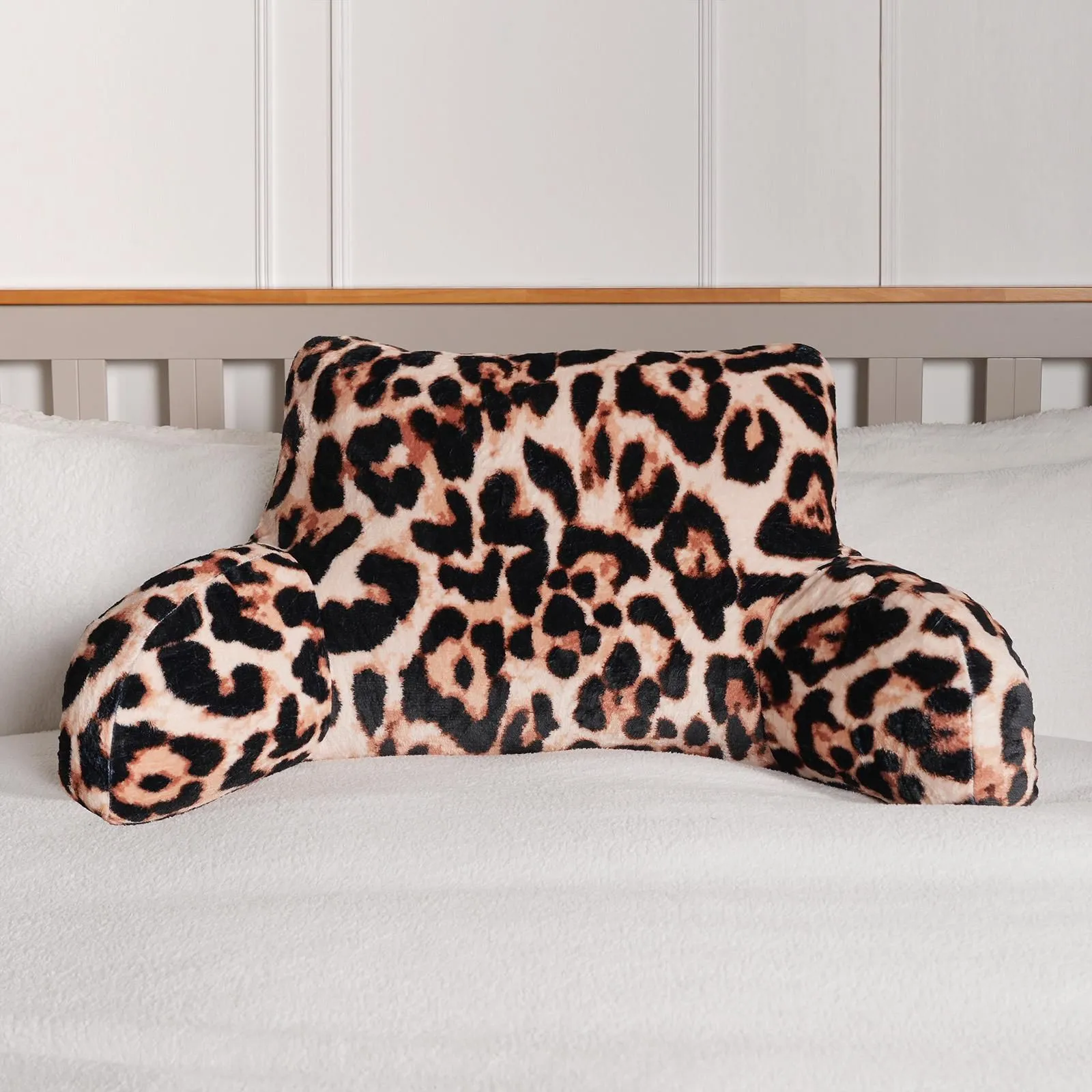 OHS Leopard Cushion Reading Pillow Plush Plump Padded Soft Arms Lumbar Chair Support in Natural