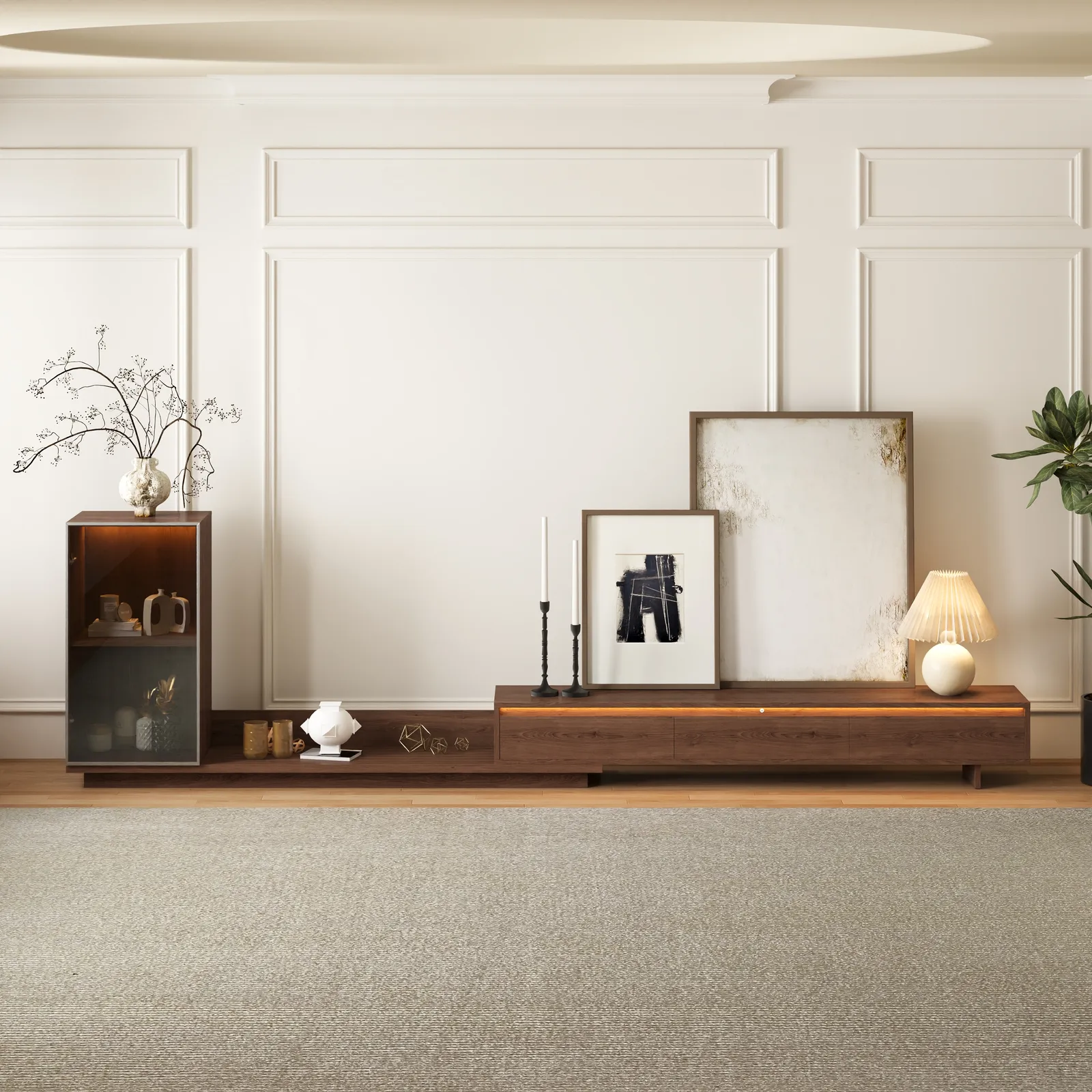 Fero Walnut Extendable TV Stand with Bookshelves & Light(250 - 390 cm)