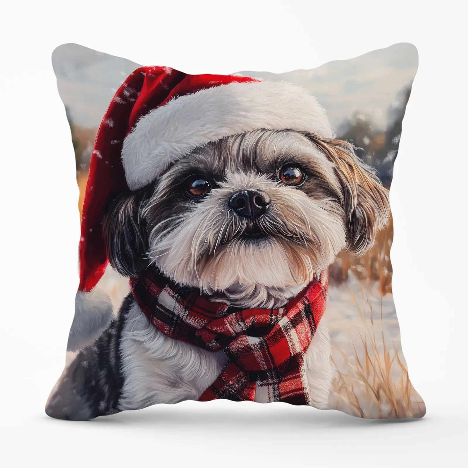 Warren Reed - Designer Christmas Shih Tzu Cushion in Brown