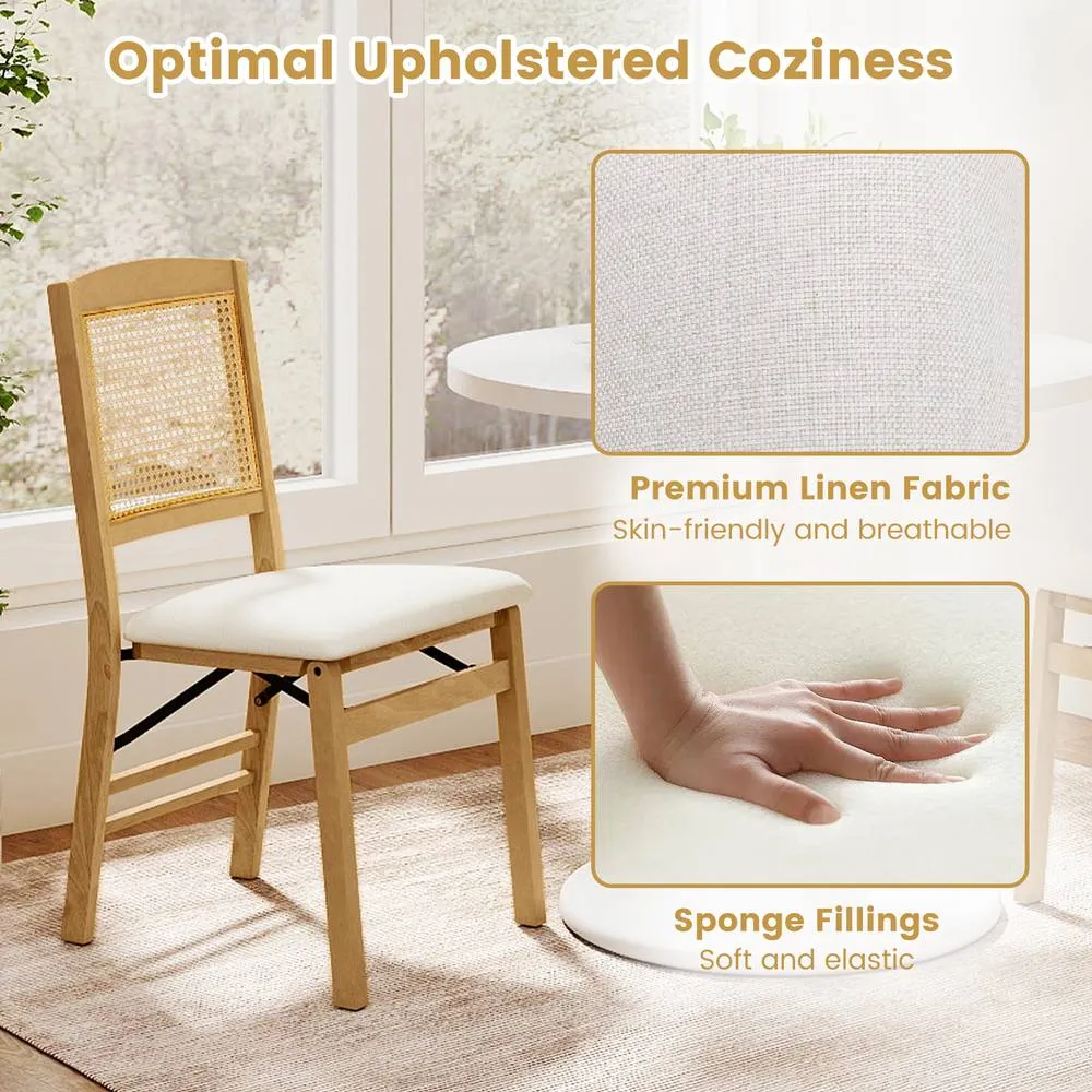 Costway 2PCS Folding Dining Chairs Rubber Wood Chairs w/ Linen Padded Seat in Natural 3