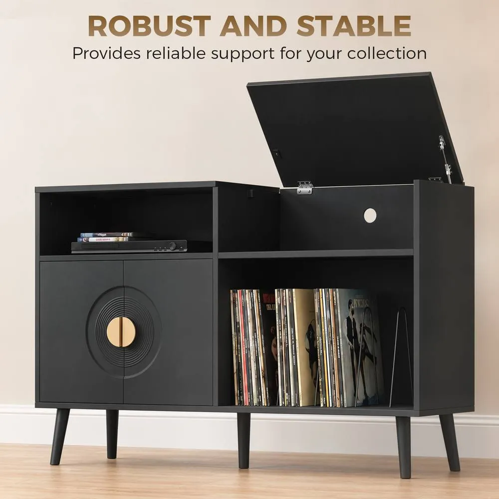 HOMCOM Record Player Stand Holds Up to 300 Albums with Cable Hole in Black 6