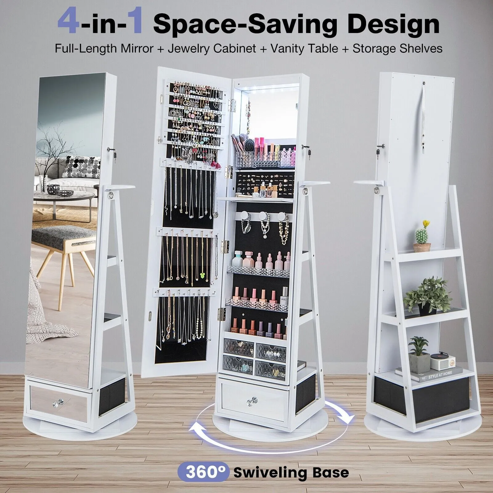 Costway Floor Standing Swivel Jewelry Cabinet Lockable Jewelry Armoire w/ FullLength Mirror &Lights in White 3
