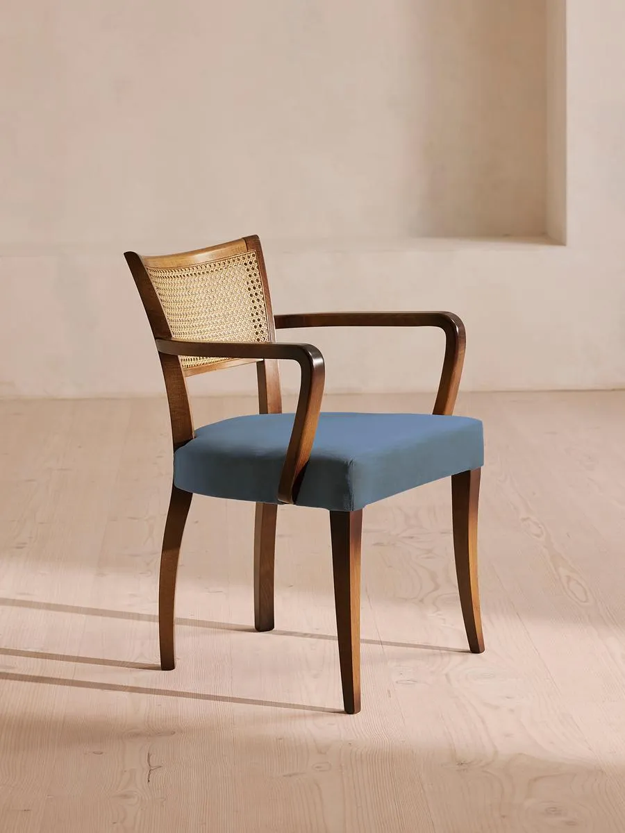 Molina Armchair, Cane Back, Velvet, Grey Blue
