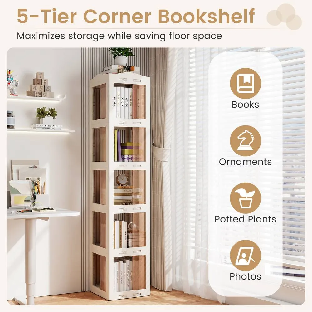 Costway Foldable Rotating Bookshelf 5-Tier Revolving Bookshelf Display Shelf in White 4