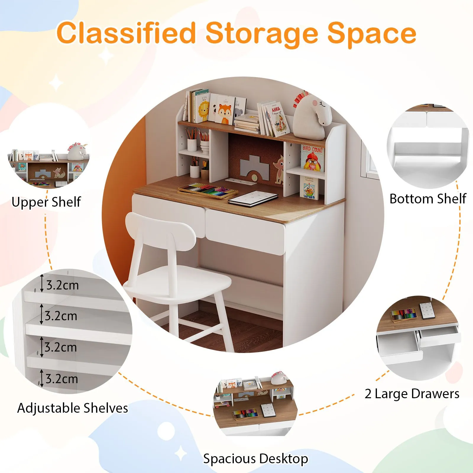 Costway Study Desk Student Writing Table w/ Cork Bulletin Board in White 6