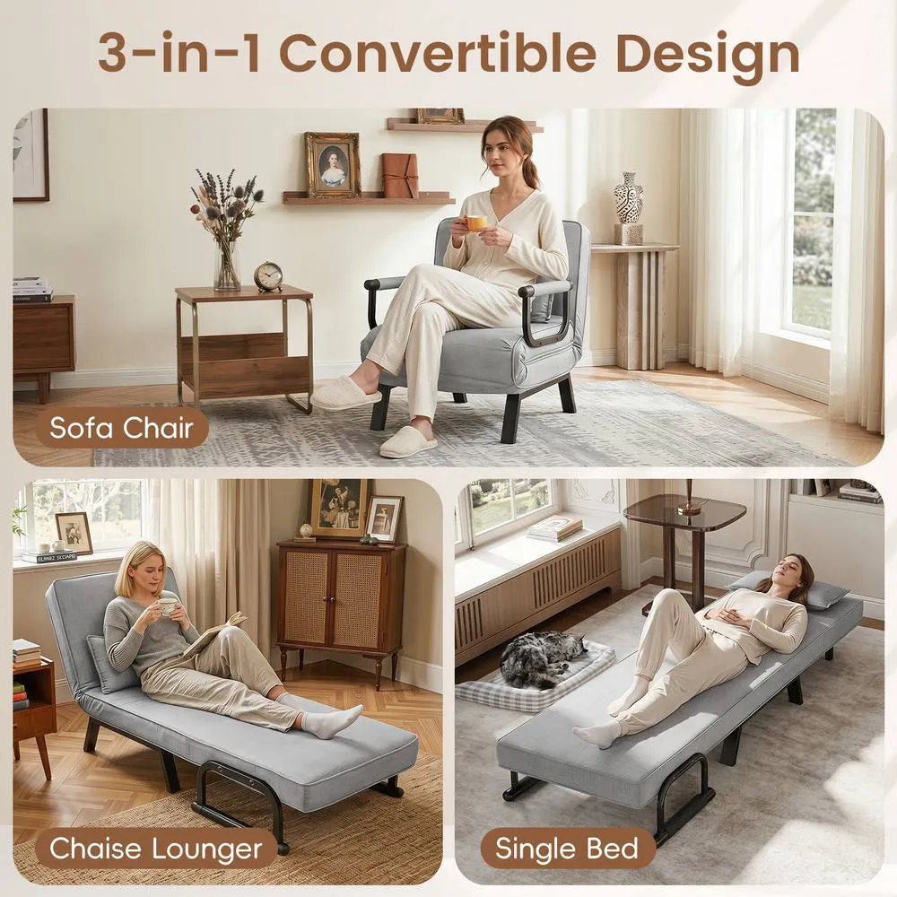 Costway Convertible Sleeper Chair Folding Sofa Bed with Adjustable Backrest in Grey 5
